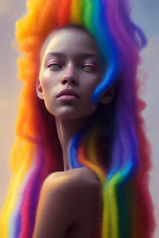 girl, cute, beautiful, long curly hair, rainbow hair, rainbow dress,robotic, african factions close up portrait by Greg Rutkowski