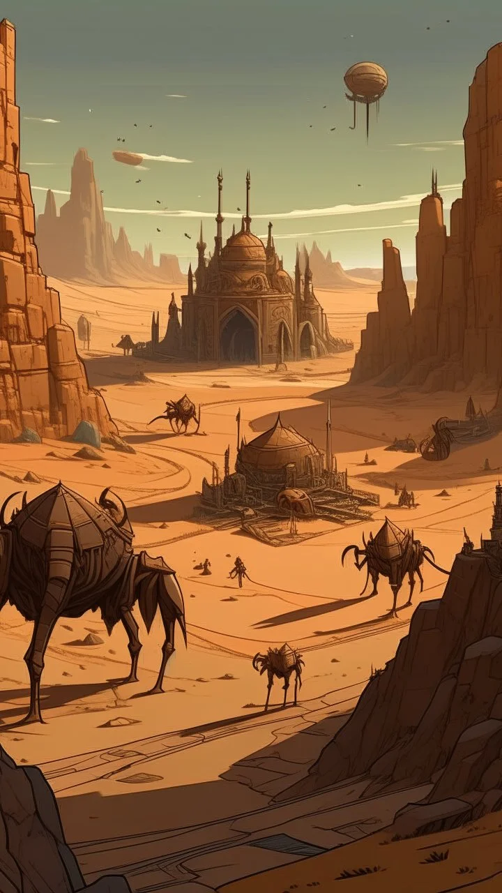 a big and wild spider and camels in the forgotten desert in medieval times, in anime style Bosch nightmares