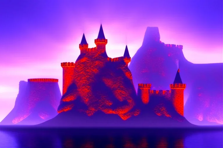 old castle, foggy, lava, drawbridge. surrounded by cliffs, purple