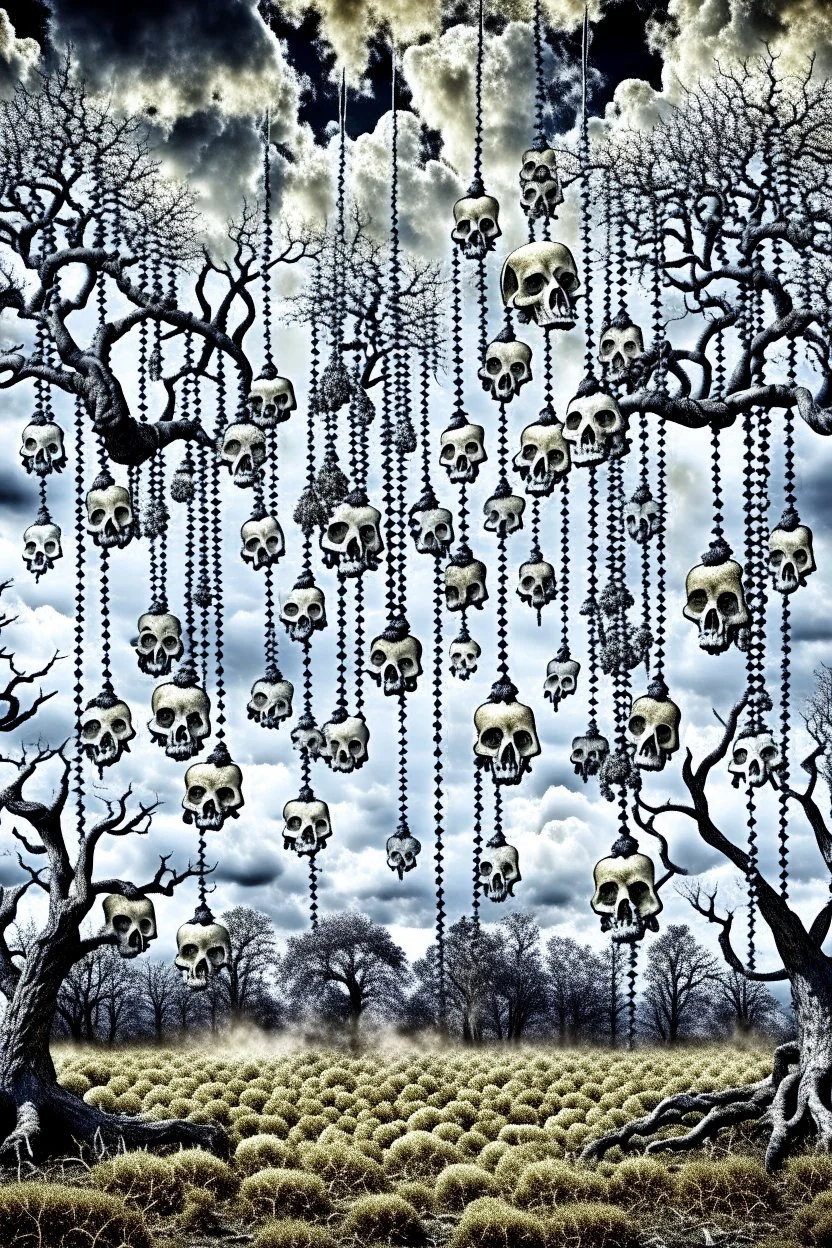 surreal multiplicity of the self, a windchime of bones, inverse gravity, skull fruits dangle from floating trees, roots naked to the cloud, fractal limbs bare, grim ambiance