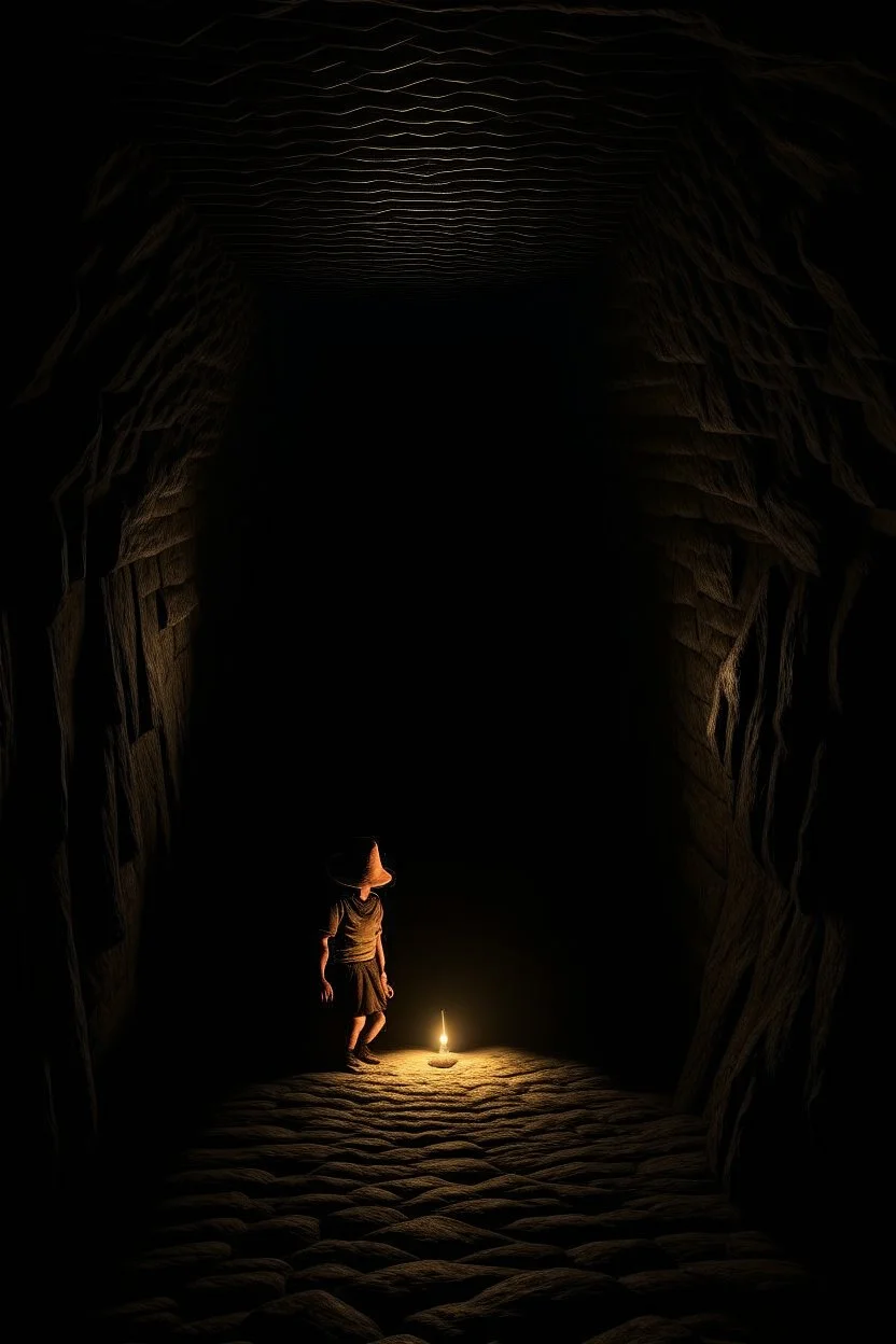 character in semi-darkness, on the scree cone of an underground room dimly lit by daylight coming from a well located forty meters above.