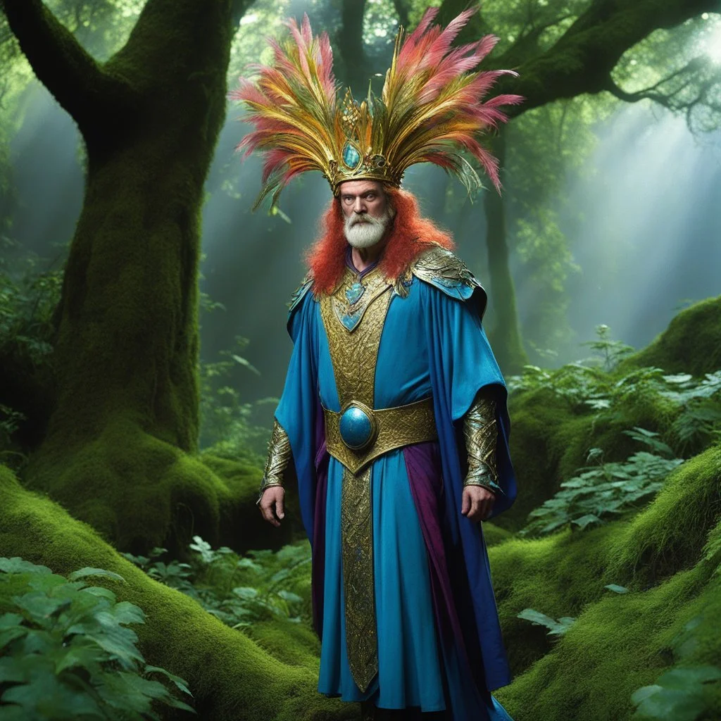 [high res photo by Monty Python] Oberon from Shakespeare's A Midsummer Night's Dream. Regal and commanding, with a towering presence and angular features that speak of ancient wisdom. His aura glows with an ethereal light that sets him apart from mere mortals. Clad in robes of deep jewel tones that reflect the lush colors of the forest, Oberon's eyes are sharp and piercing, hinting at a mind as sharp as a blade. Today, he steps into the arena of the forest clearing as a gladiator, ready to displ