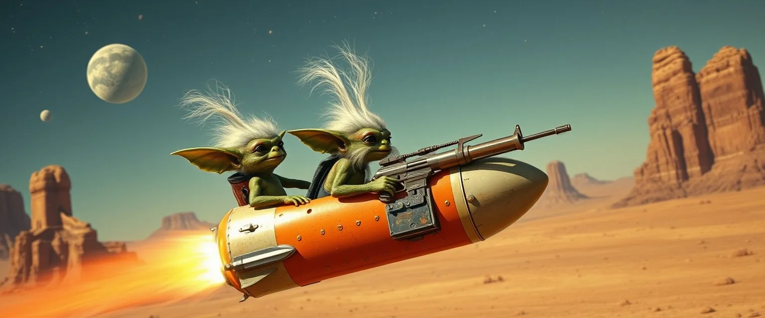 hairy macho gremlin aliens living in a hi tech marvellous hot dog rocket with a mounted sling shot, heading for venus