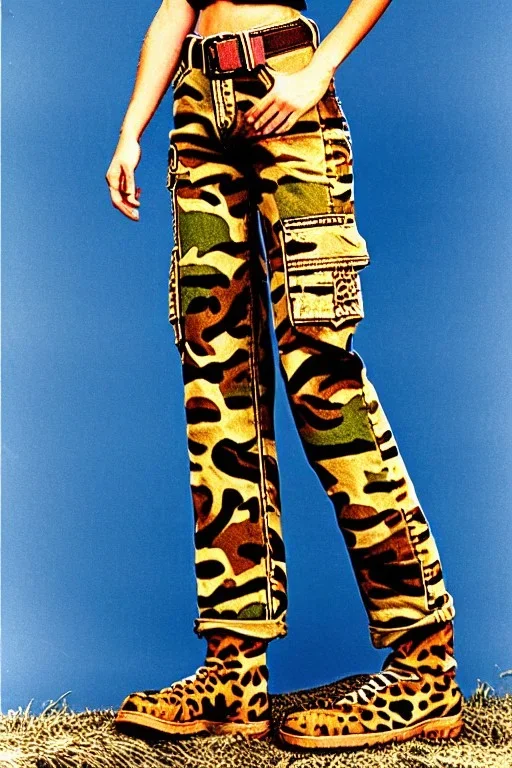 year 1997 denim fashion, "combat pants", cargo, Loose fit, low waist, baggy. Colors: denim blue, blue, purple, khaki, light green, lilac, plum, orange, terracotta, red, pink, dark blue, beige. Patterns: cheetah, balls, stripes. cheetah belt. Something between camouflage and cheetah prints. Women models. Sharon Stone, Sandra Bullock, Winona Ryder, Milla Jovovich, Big tennis shoes on. Latex in small part, areas, clothes..Combat pants. Leg warmers.