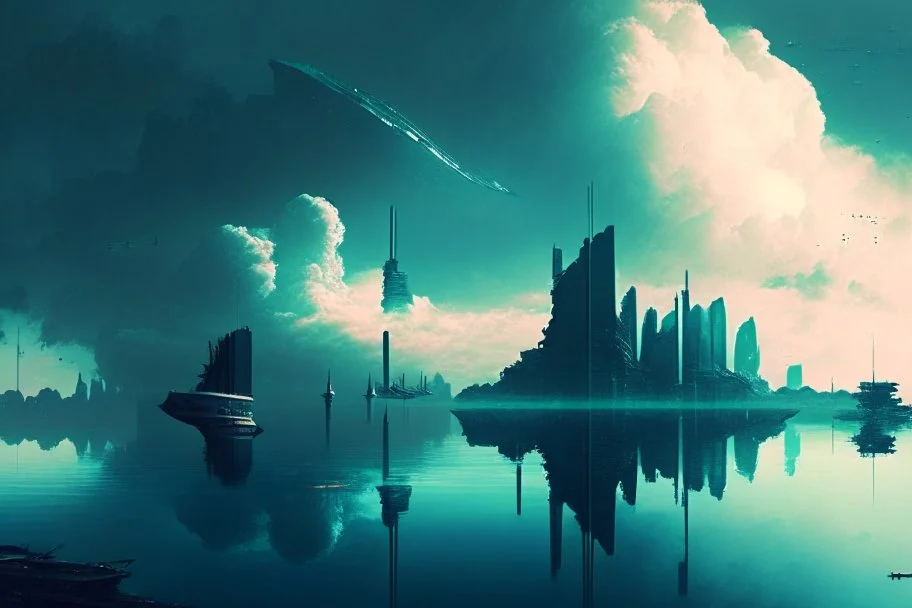 city, sci-fi, lake, ships, clouds, john foxx influence