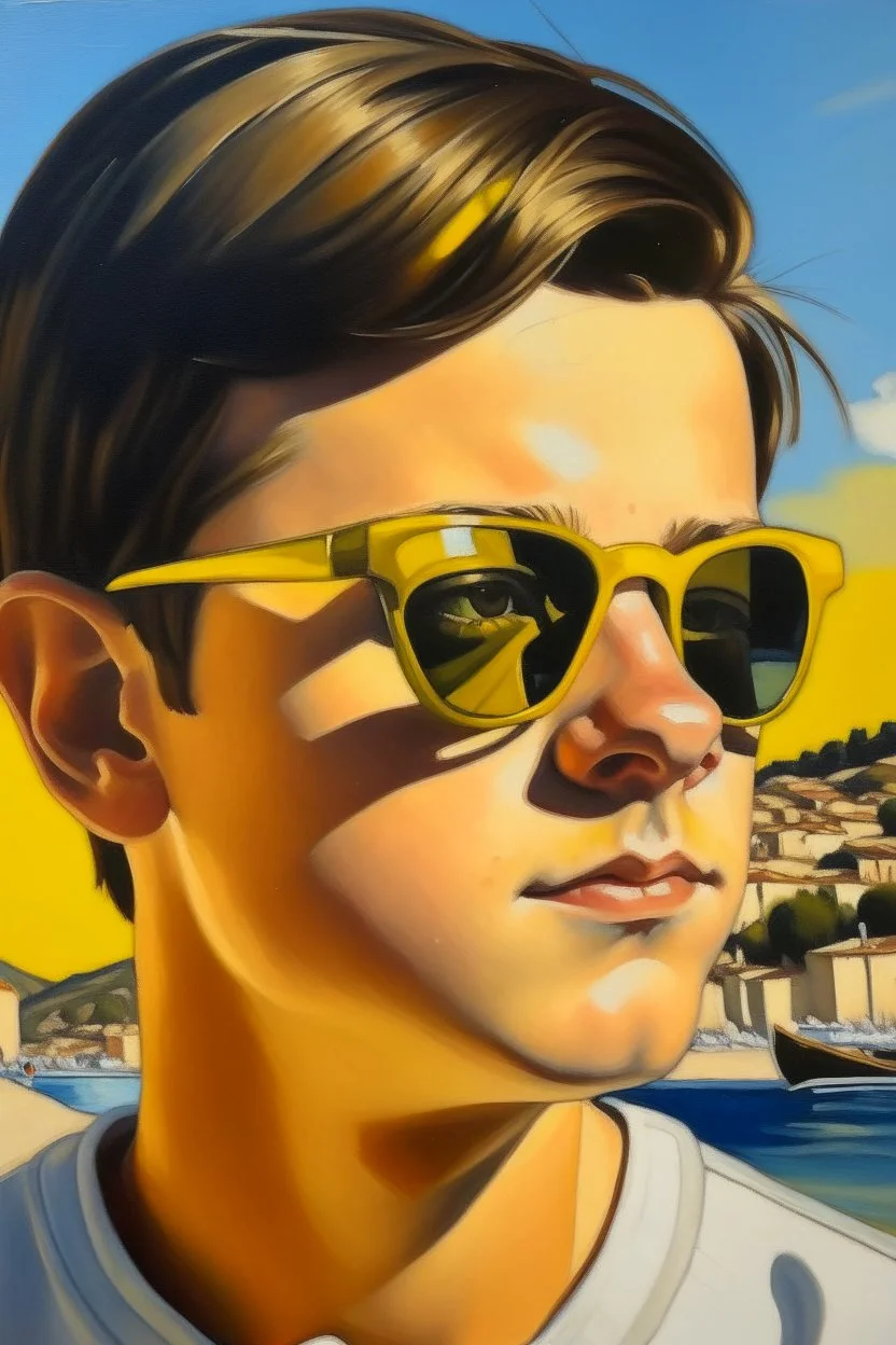 Neoclassicism teenage boy with sun glasses portret cote d'azur painting