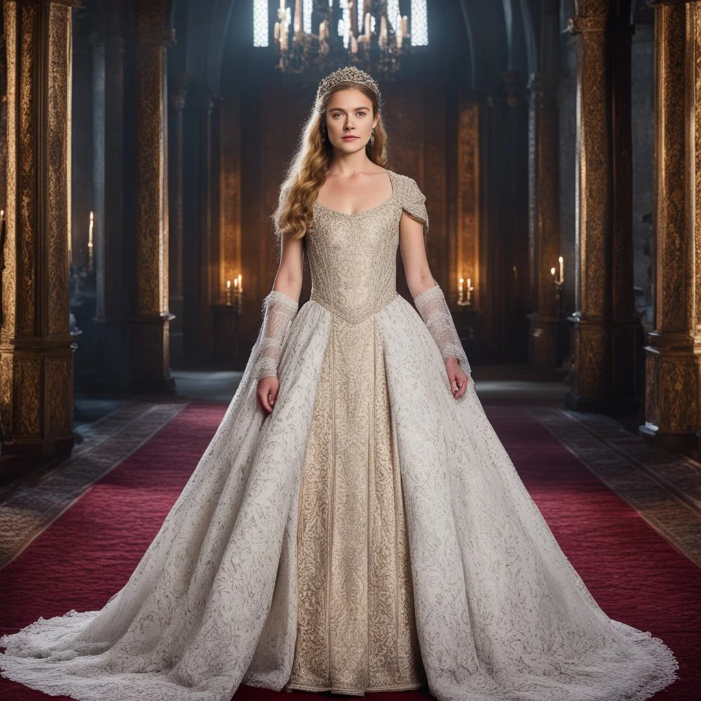 [game of thrones] In the grand throne room of Castle Evermoor stands Princess Seraphina, their daughter and the pride of the Thornwood family. Seraphina, in her youthful beauty, carries an air of curiosity and intelligence. Her flowing gown, adorned with intricate embroidery, reflects her status as a member of the noble family. Princess Seraphina's eyes, a reflection of her mother's, hold a glimmer of mischief and a hunger for knowledge. She stands tall, her posture reflecting the regal heritage