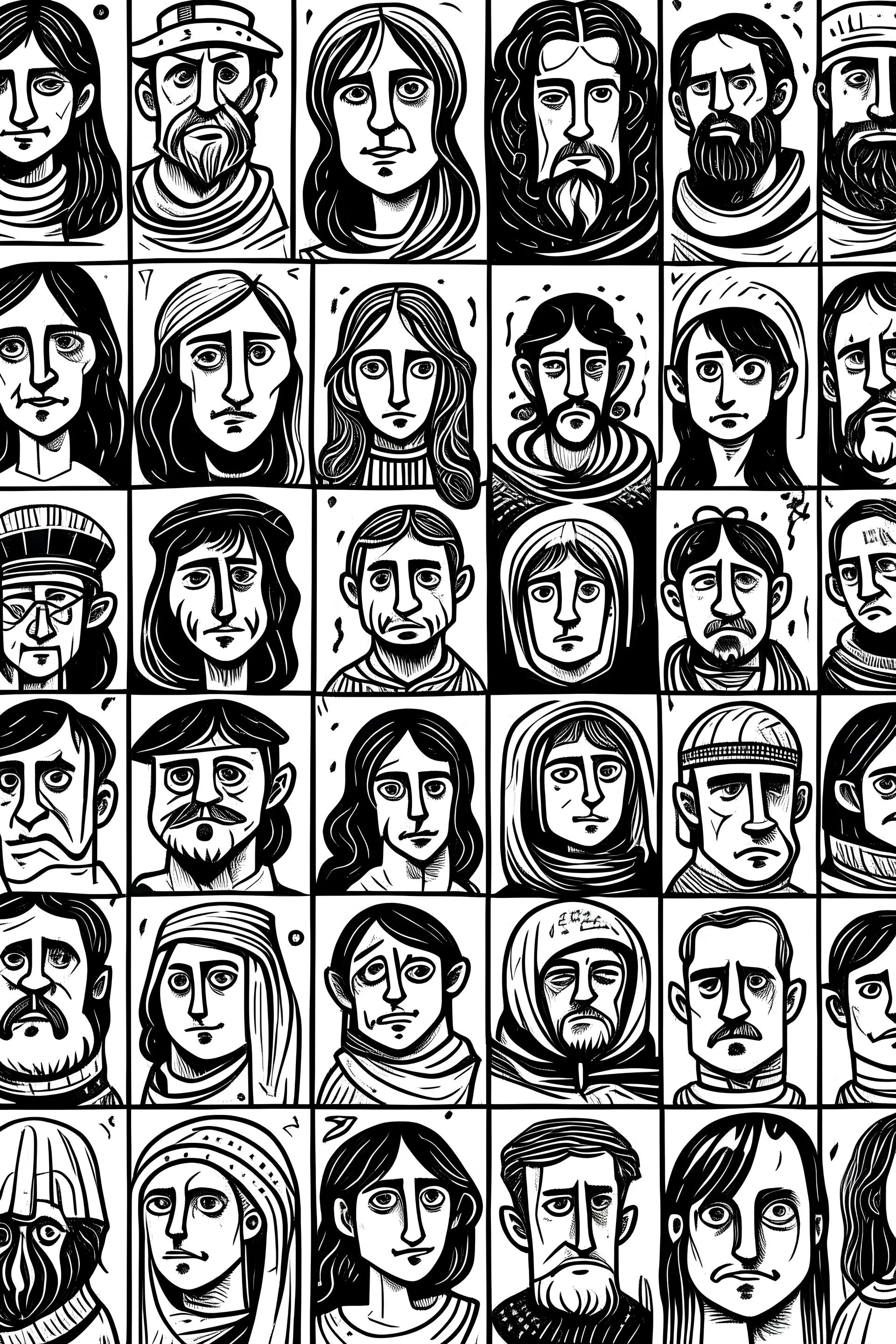 risograph diferent medieval people with diferent expressions, some dramatic, somo happy. the style is minimal black and white stamp. in the sheet there are more than 5. very diverse court memebers and everyday people. man, woman, kids. white background