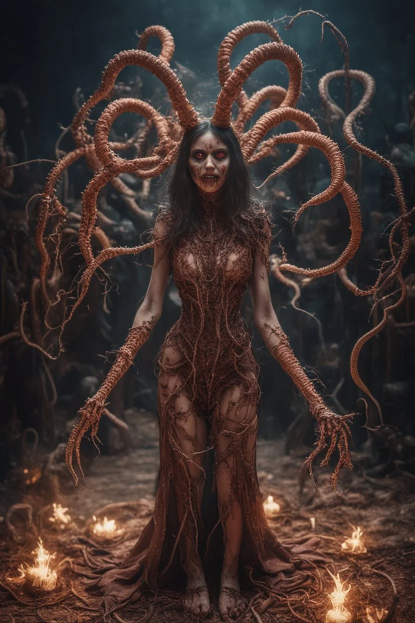 Demon girl wizard Halloween vintage girl, fullbody, feet point view, creepy, horrifying, sinister, many worms parasite creature connected to the head, sparks around her, intricate, 8k, macro photography,