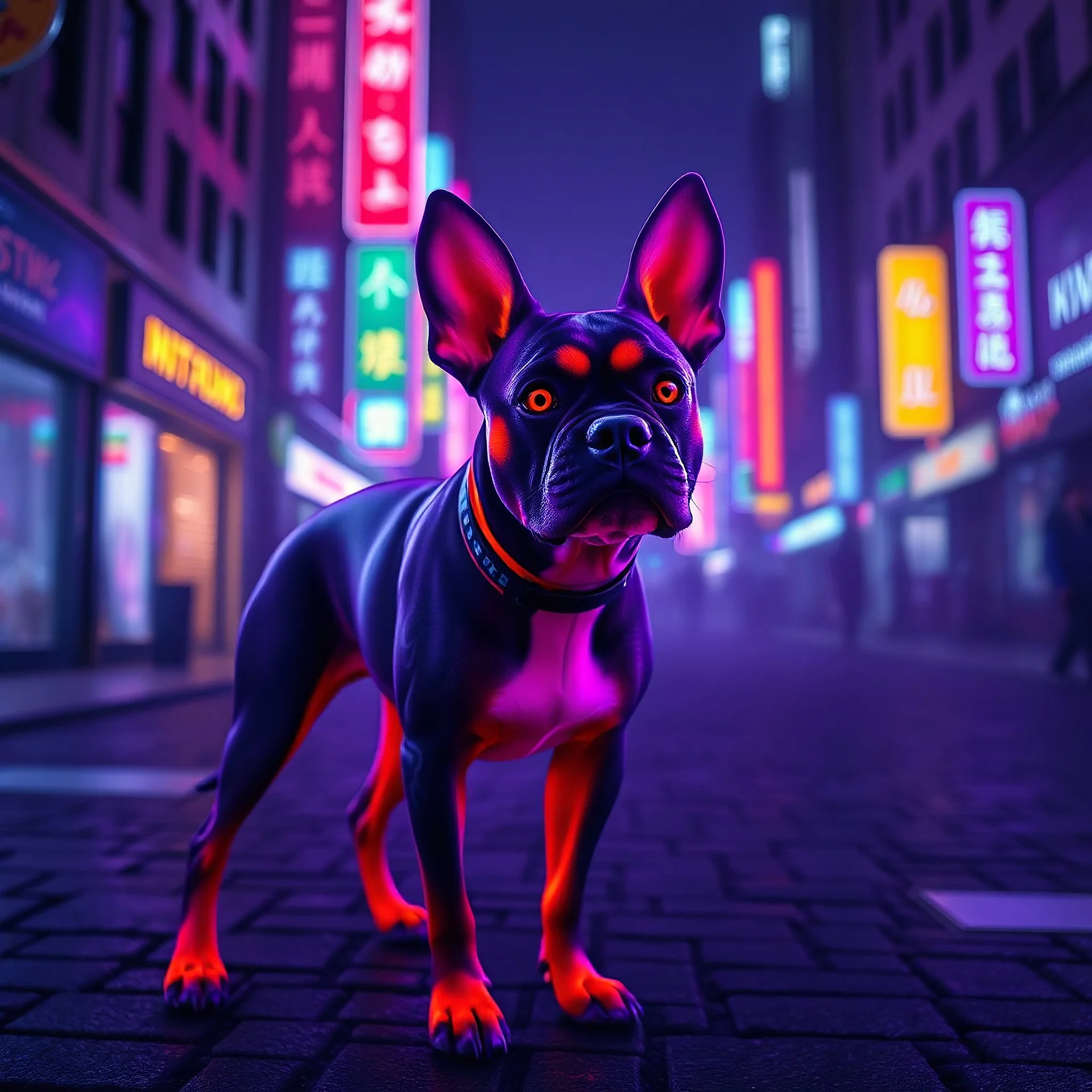 a PURPLE AND ORANGE DOG, BIOLUMINESENT, IN A DARK CITY , HIGH DEF, VRAY, 8K 3D