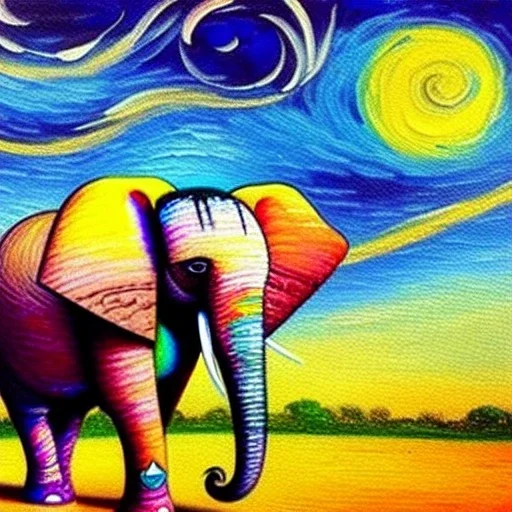 Dibujo al oleo de un elefante indio pintado con muchas nubes de colores estilo Vincent van Gogh