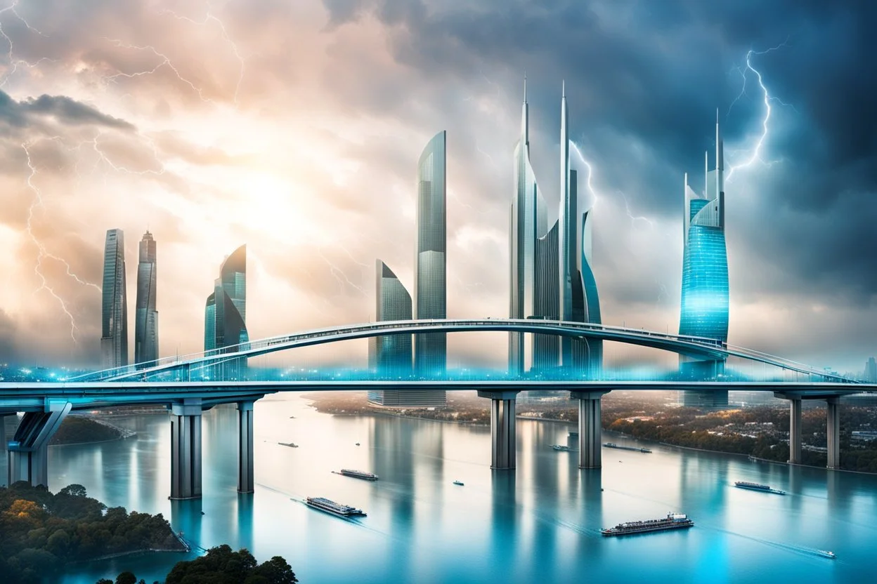 Dreamlike Skyline of Downtown futuristic hightech city in 4050 and a stunning futuristic Bridge During. dark sky, grey and black clouds , storm, dark azur-blue river, cold colors, come storm, rain, high detalied, sci-fi, landscape