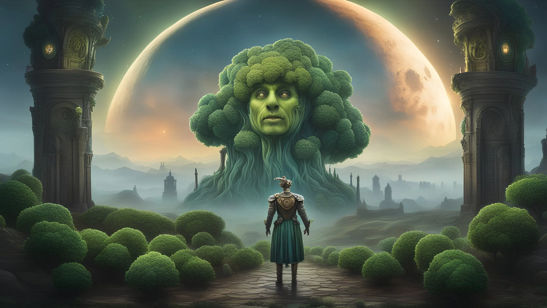 A moon that looks like a happy origin head broccoli above a landscape, a robot in a ragged dress looks up in the distance, fog, and intricate background HDR, 8k, epic colors, fantasy surrealism, in the style of High Renaissance