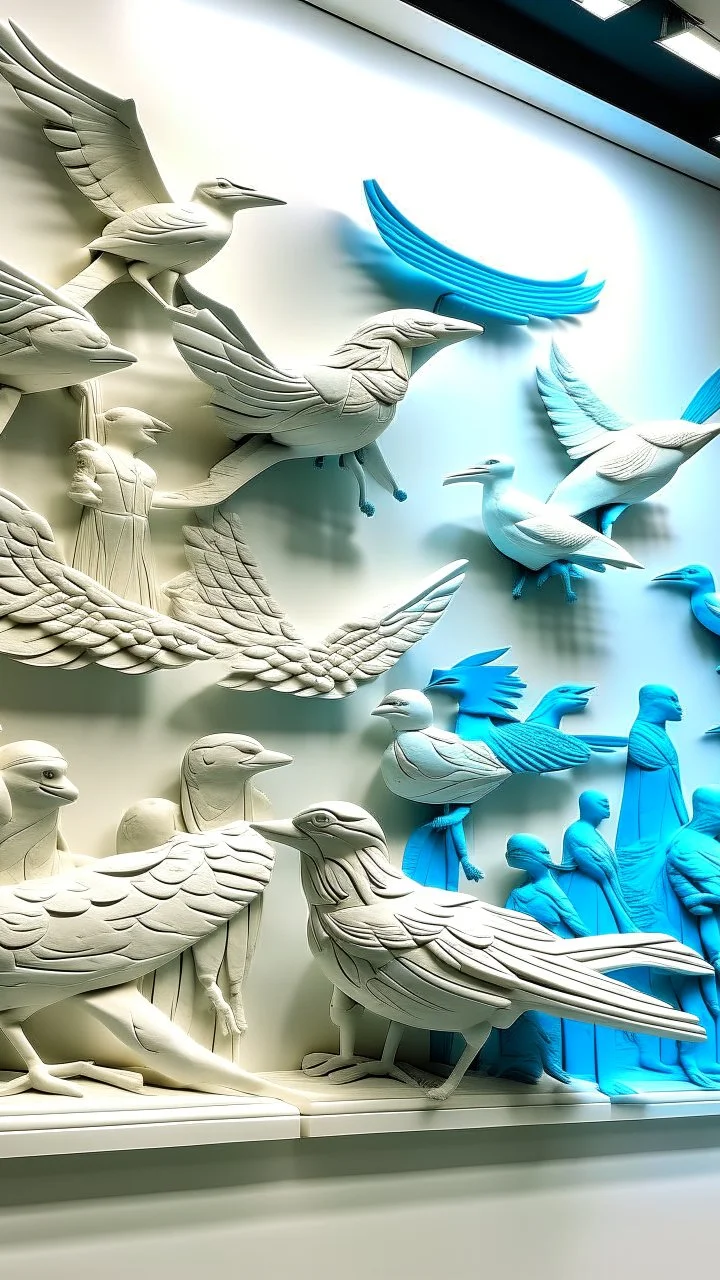 A white sky with singing birds designed in ancient Egyptian architectures and sculptures painted by Andy Warhol