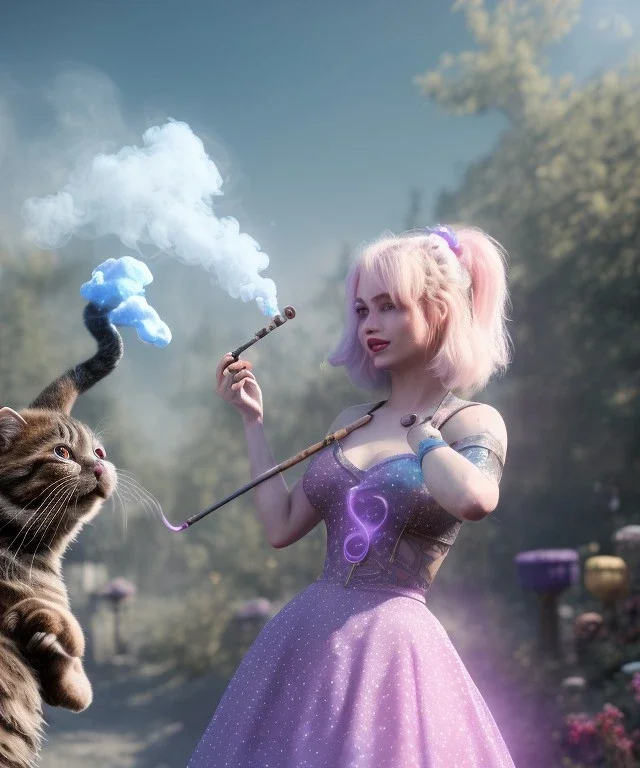 Ultra realistic wonderland photo, happy blonde woman smoking a shisha, blue dress, purple cat friend, circus dress style, old school tattoo, smoke, marijuana garden, glow eyes, perfect iris, soft color, highly detailed, unreal engine 5, cinematic, ultra detail, volumetric lighting, high definition.