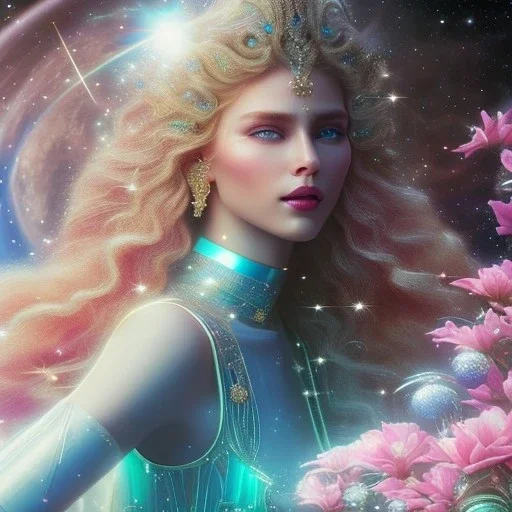  full body white goddess woman glitter smiling long blond hair blue eyes in a galactic ambiance, delicate colors in the foreground, full of details, smooth, light effect，vaporwave colorful, smooth, extremely sharp detail, finely tuned detail, ultra high definition, 8 k, ultra sharp focus