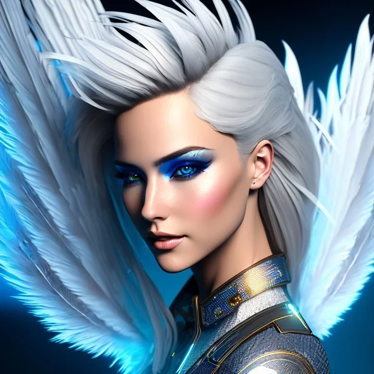 A beautiful portrait of a cute smiling cyberpunk woman with wings, long blond haire, high key lighting, volumetric light high details with white stripes and feathers and blue celtic paterns and luminous glasses in a starry background