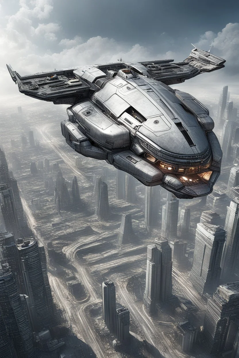 a photorealistic sleek silver spaceship flying over a futuristic ruined city