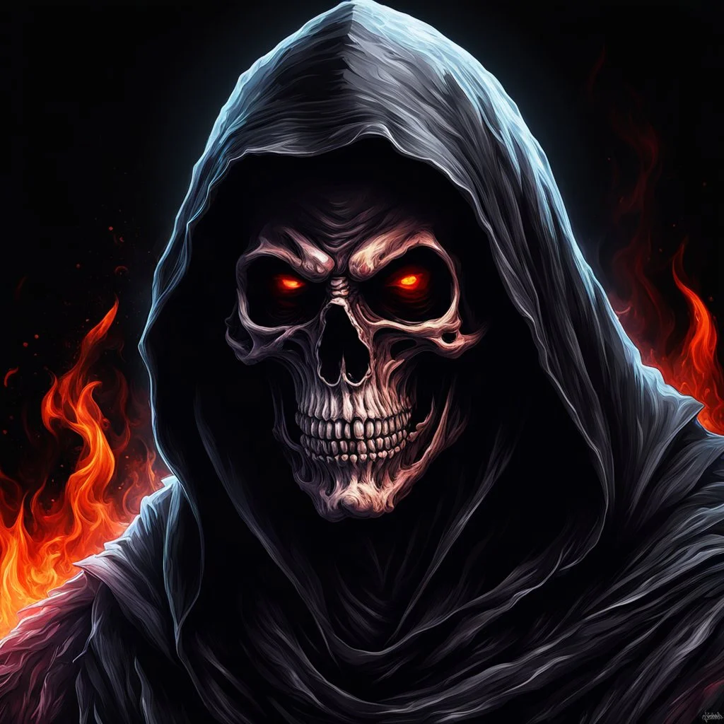 ultra high image quality, hell infused Grim Reaper Close-up of an set against AMOLED-worthy pure black backdrop, fantasy art style infused with filter, tailored for vertical wallpaper, exclusive design with no duplicates, radiating beauty suitable for a PC screen image, vivid colors, ultra fine, digital painting.