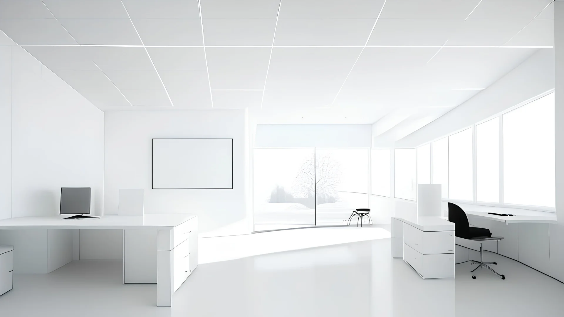 White open space office interior with blank wall By ImageFlo
