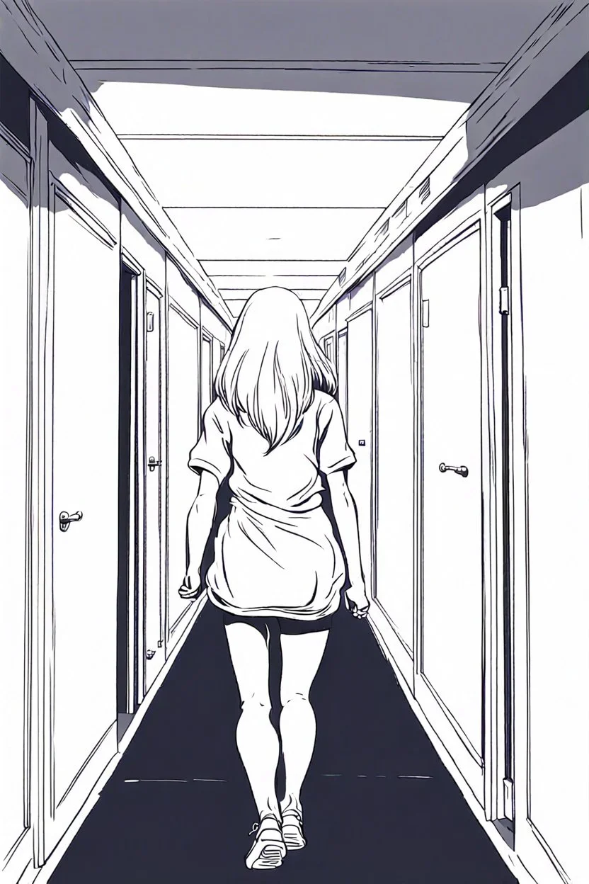 blonde girl runs in a corridor, back view, line arts, manga style