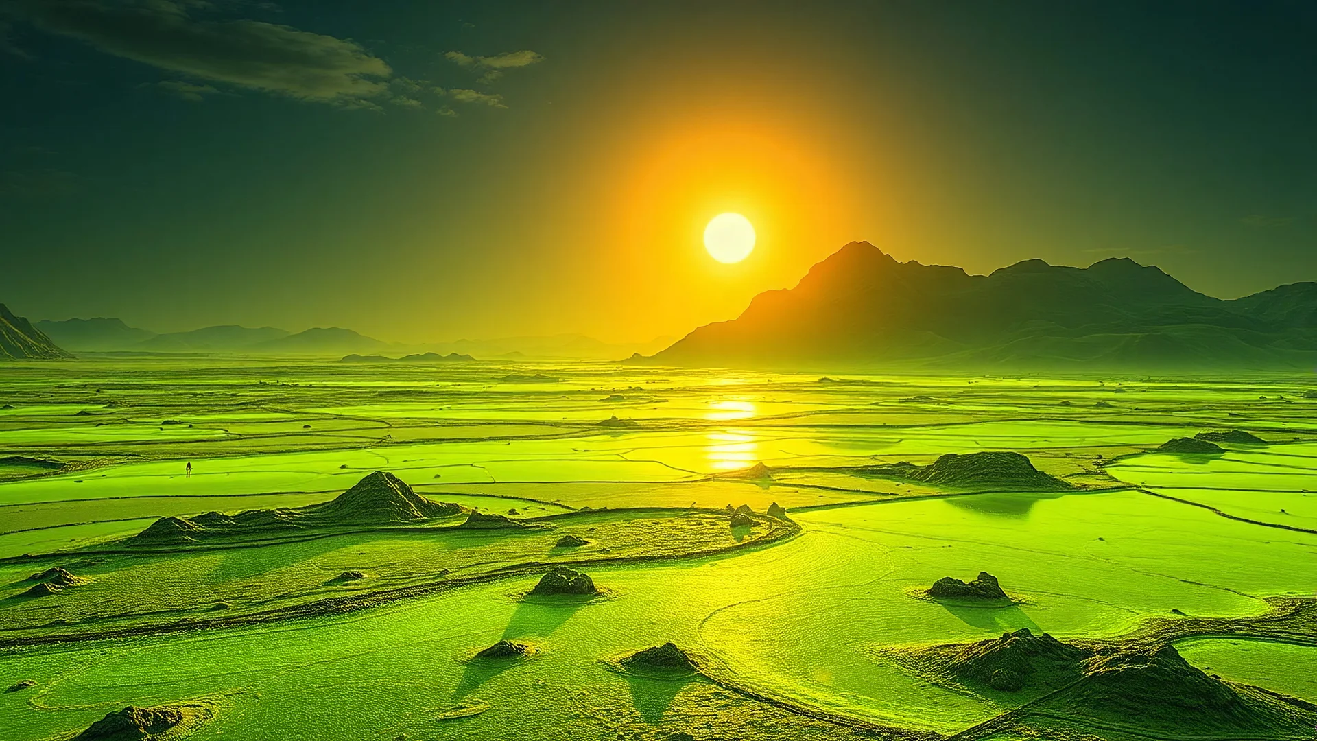 realistic photo of a landscape made of sulfur that looks futuristic with futuristic lighting