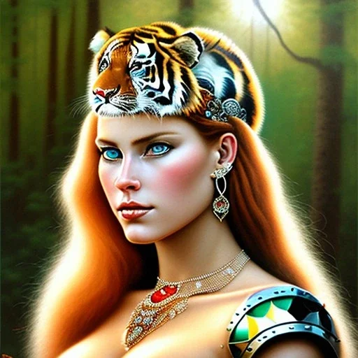 oil Portrait on canvas of busty beautiful young Red Sonja Riding a Big Tiger, with big crystal clear green eyes looking to viewer, nose piercing , tattoos , with ruby necklace by Adam hughes 8k