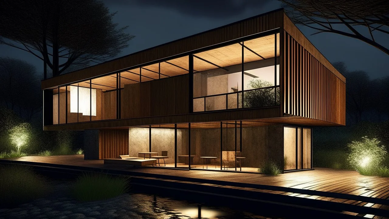 A modern, minimalist house with a wooden exterior and large windows overlooking a natural landscape at night