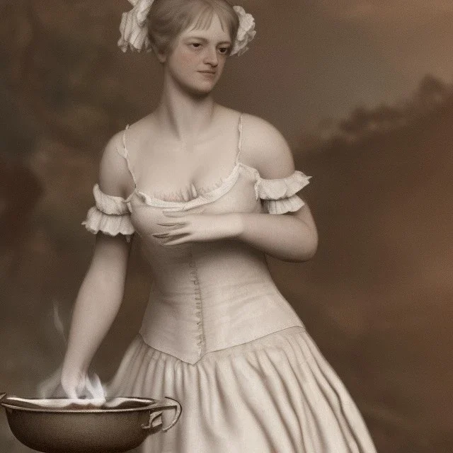 William Blake in a French maids outfit cooking over a fire