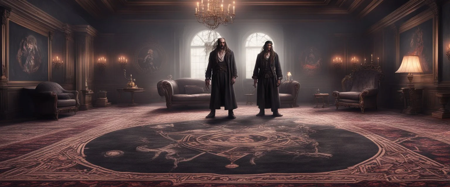 Hyper Realistic huge dark mansion lounge with Zombie-pirate standing on a ritual pentagram on an old carpet