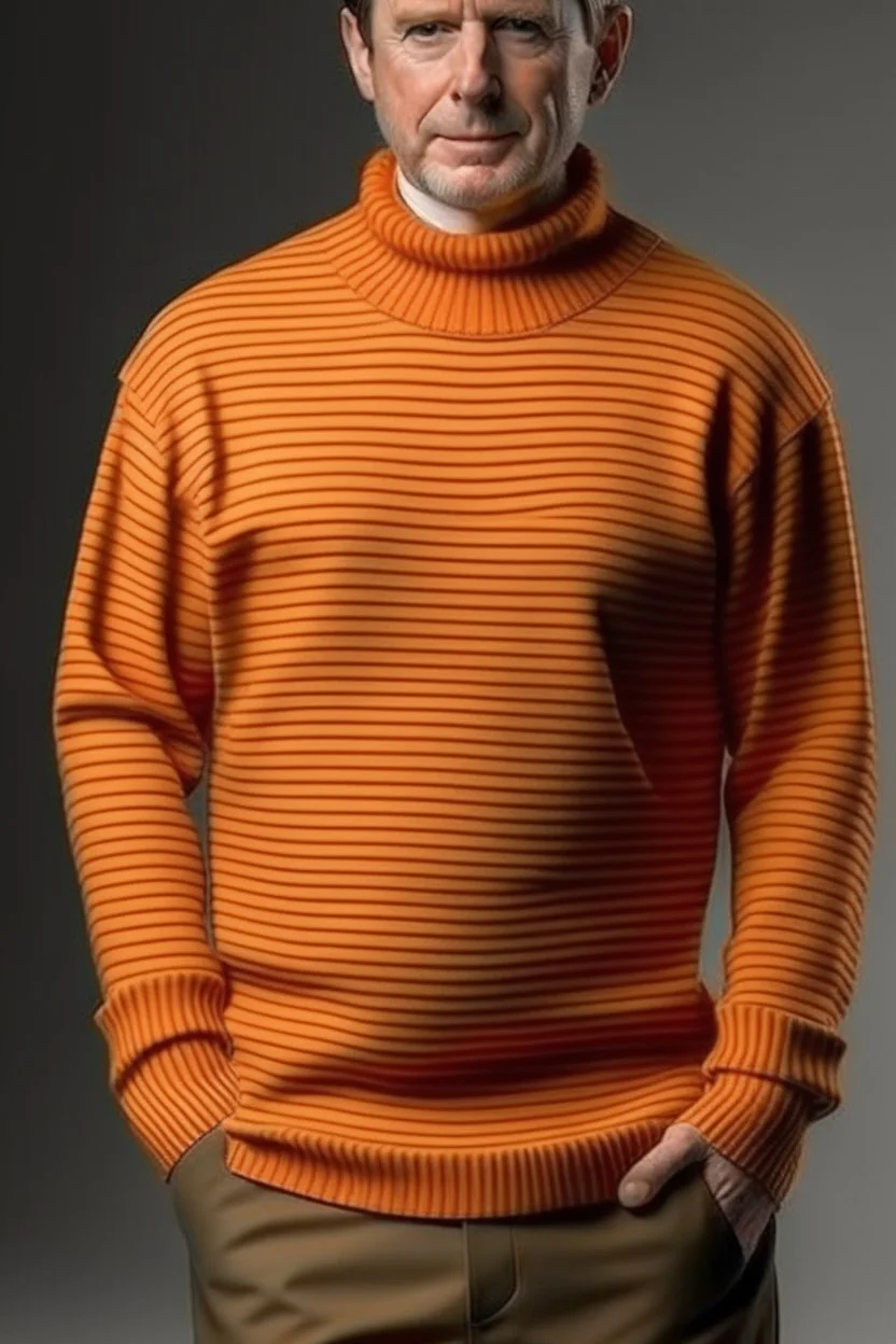 Man's large and long orange jumper with beige stripes and a volumous neck collar