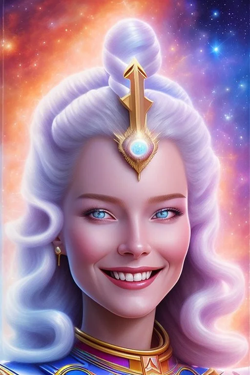 young cosmic woman smile, admiral from the future, one fine whole face, large cosmic forehead, crystalline skin, expressive blue eyes, blue hair, smiling lips, very nice smile, costume pleiadian,rainbow ufo Beautiful tall woman Galactic commander, ship, perfect datailed golden galactic suit, high rank, long hair, hand whit five perfect detailed finger, amazing big blue eyes, smilling mouth, high drfinition lips, cosmic happiness, bright colors, blue, pink, gold, jewels, realistic