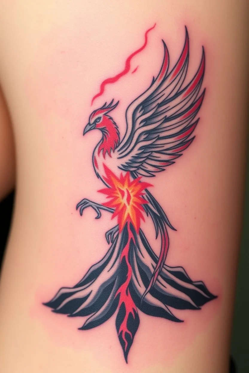 Tattoo of a Pheonix erupting from volcano