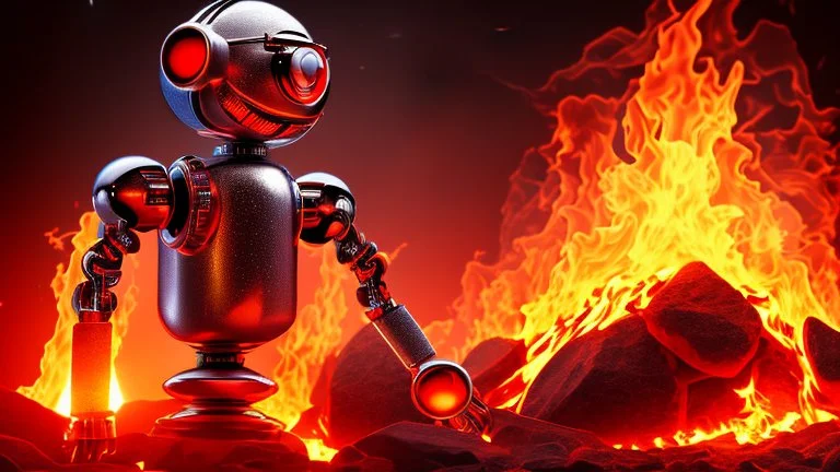 Portrait of a hard rock robot fan surrounded by flames reminiscent of hell.