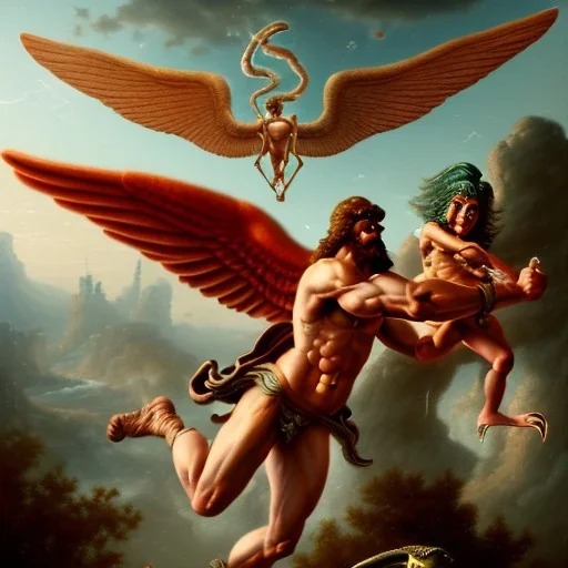 The winged messenger Hermes delivering a message to Zeus but Zeus is a Hydra. Medusa and the Minotaur are fighting in the background. High definition oil painting.