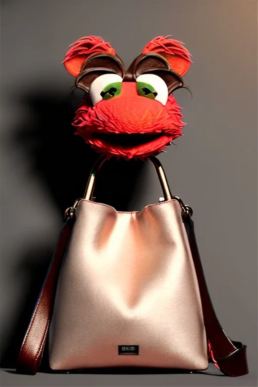 Woman bag made with muppet, Sesame Street style, fashion style, photo studio, unreal engine 5, god lights, ray tracing, RTX, lumen lighting, ultra detail, volumetric lighting, 3d.