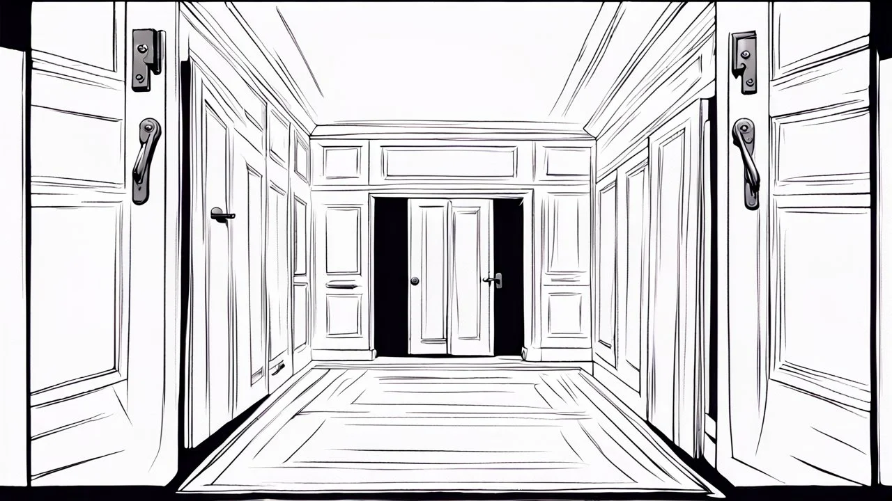 unhinged door, anime, monochrome, black background, ink, simple, maximum quality, broken hinge, barely functioning, why is it still being used it's a health hazard, centered on frame, far