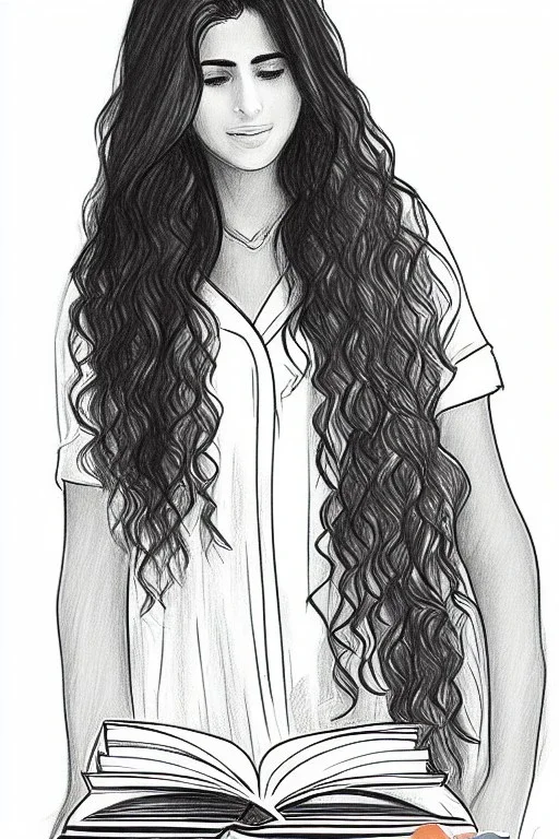 Pencil sketch of Young woman, Arab features,sad, long wavy hair, reading a book, full body، on lined paper