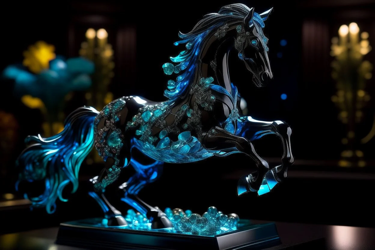 night, dark room, bioluminescent Coloured glass dynamically jumping horse set with gemstones, glittering metal stems and gemstone leaves on a room table sharp focus elegant extremely detailed intricate very attractive beautiful dynamic lighting fantastic view crisp quality exquisite detail gems and jewels S<AI Weight:1 Professional photography, bokeh, natural lighting, canon lens, shot on dslr 64 megapixels sharp focus Weight:0.9