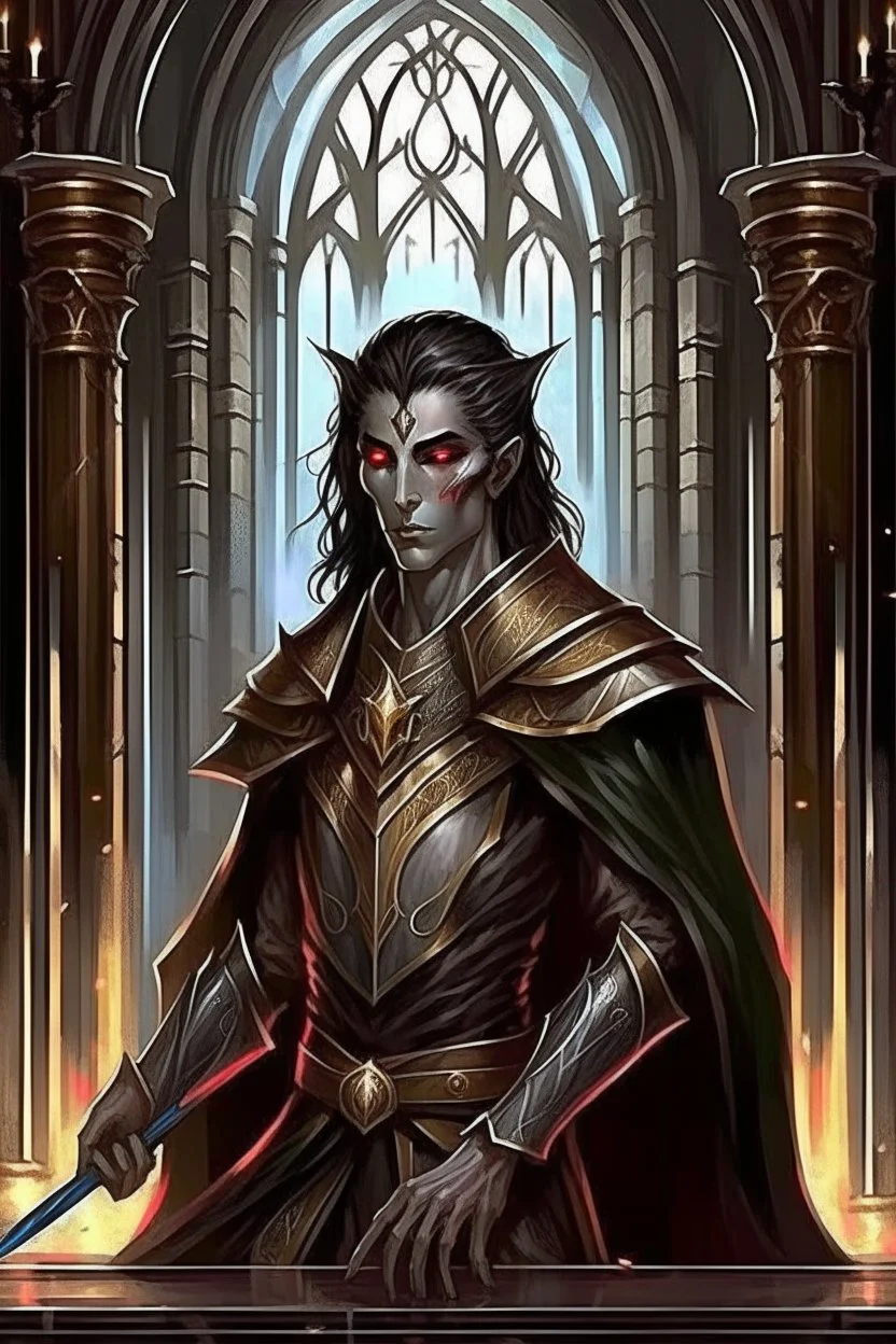 sits on the throne, human skin, full length, mantle, black cloth, dark green eyes, holding a long spear with his left hand, background black hall with columns