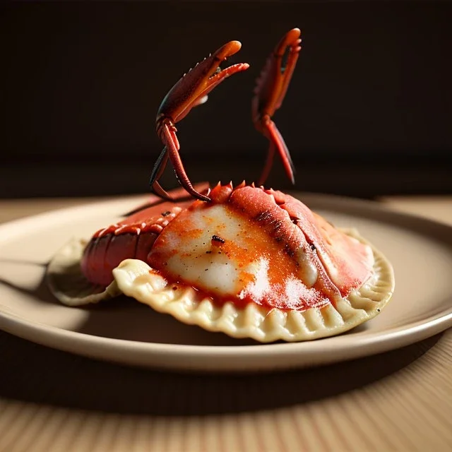 Ravioli with lobster claw dish, photo studio, realistic, renaissance style ,smooth, unreal engine 5, ray tracing, RTX, lumen lighting, ultra detail, volumetric lighting