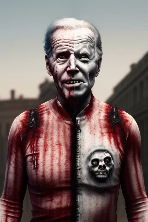 Ultra realistic image, joe biden zombie, zombie performance, skull, blood, torn arm, night, walking twisted, waist up view, thriller style, dark ambient, highly detailed, White House background, concept art, unreal engine 5, god rays, ray tracing, RTX, night lighting, ultra detail, volumetric lighting, 3d, finely drawn, high definition, high resolution.