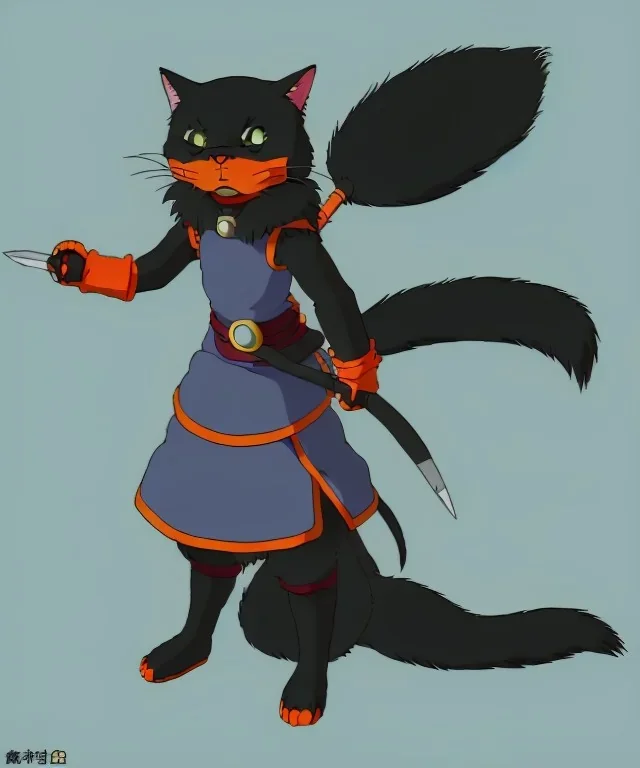 cat 2d, knight, ninja, black fur,full body, orange torn coat,game character, strong, anime, chibi, game sprite