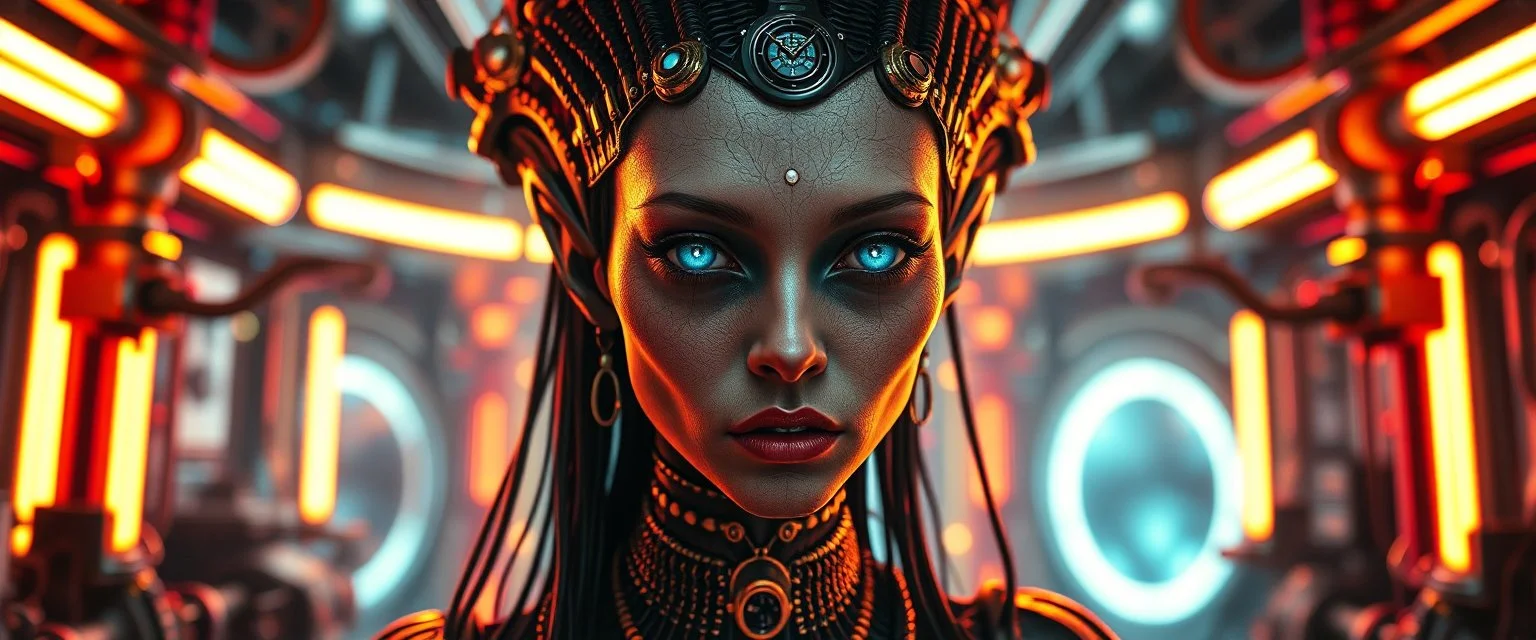 alien psychic woman portrait, with background— Fuel-to-Light Reactors “Futuristic micro-reactor using Zephyrium and Luminite, releasing controlled light and energy pulses, sci-fi engine room, glowing plasma tubes, high-tech industrial aesthetic, cinematic perspective, ultra-detailed and dramatic lighting.” painted by Rembrandt and Escher