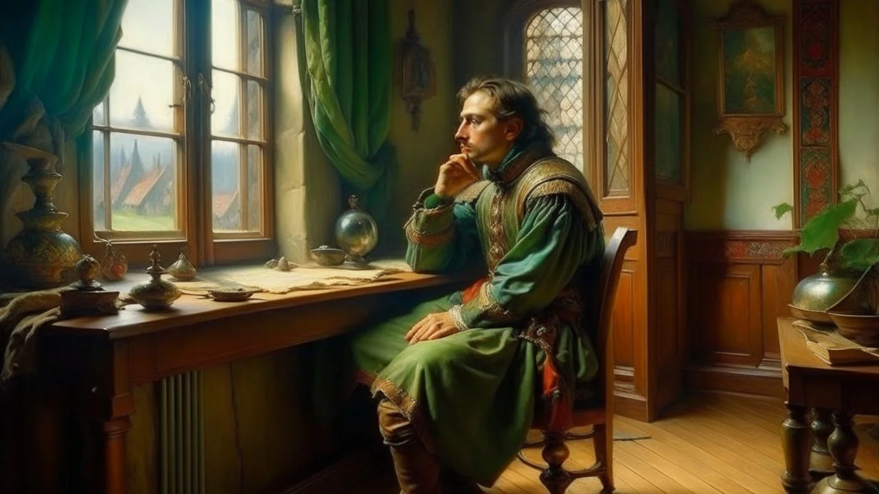 An Andalusian commander in the year 1455 thinking in his room in front of the window