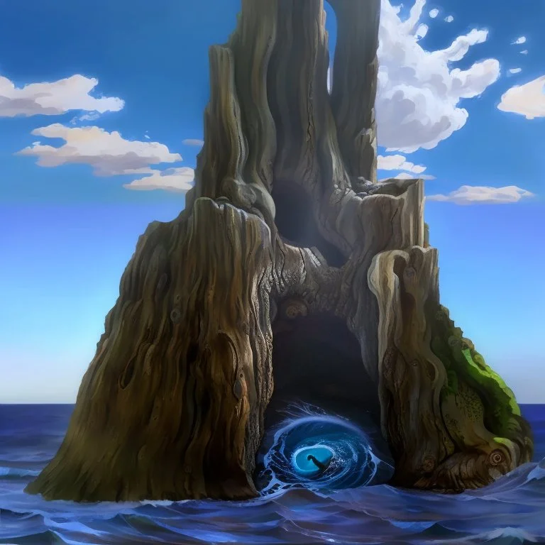 a giant hollow tree trunk emerging from the ocean, a whirlpool in the center