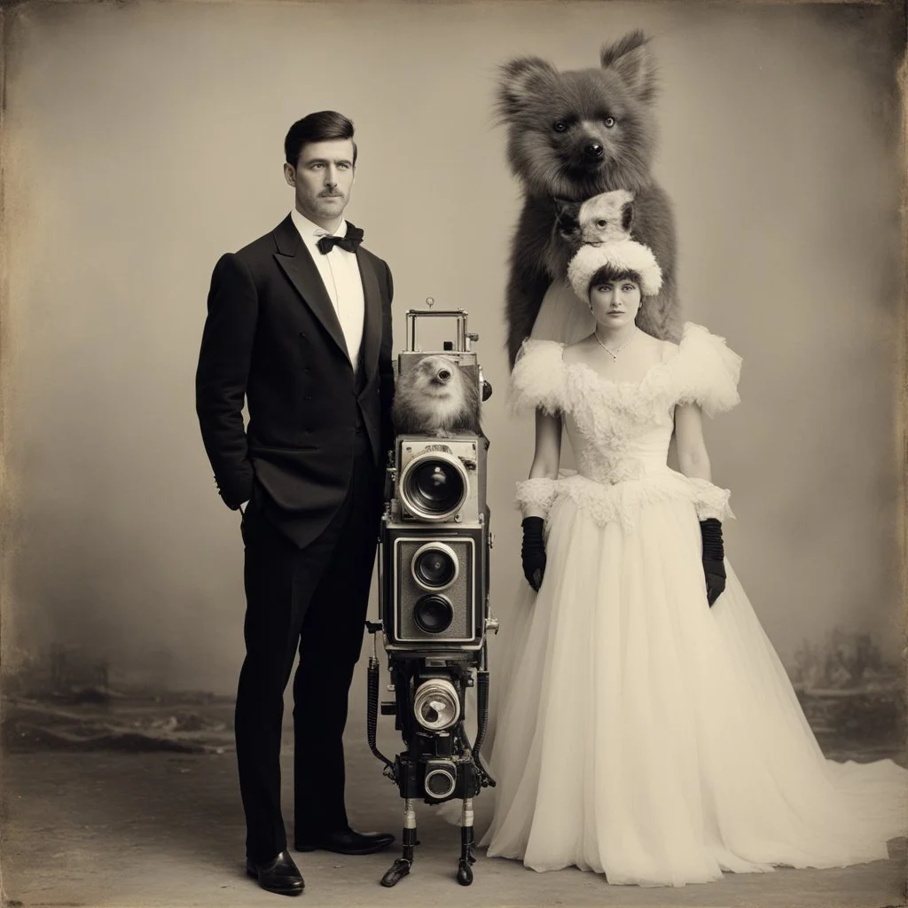 Vintage photo of a bride in her dress and the groom in a classic tuxedo wearing a detailed mechanical camera head, standing next to a weird humanoid partly furry creature with a sad expression, posed formally, neutral background, surreal and whimsical theme, centered composition, early 20th-century photography style.