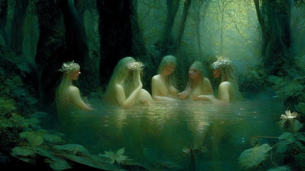 In the heart of a mystical forest, where the veil between reality and imagination is thin, lies a scene of ethereal beauty: The nymphs of the great bathers.