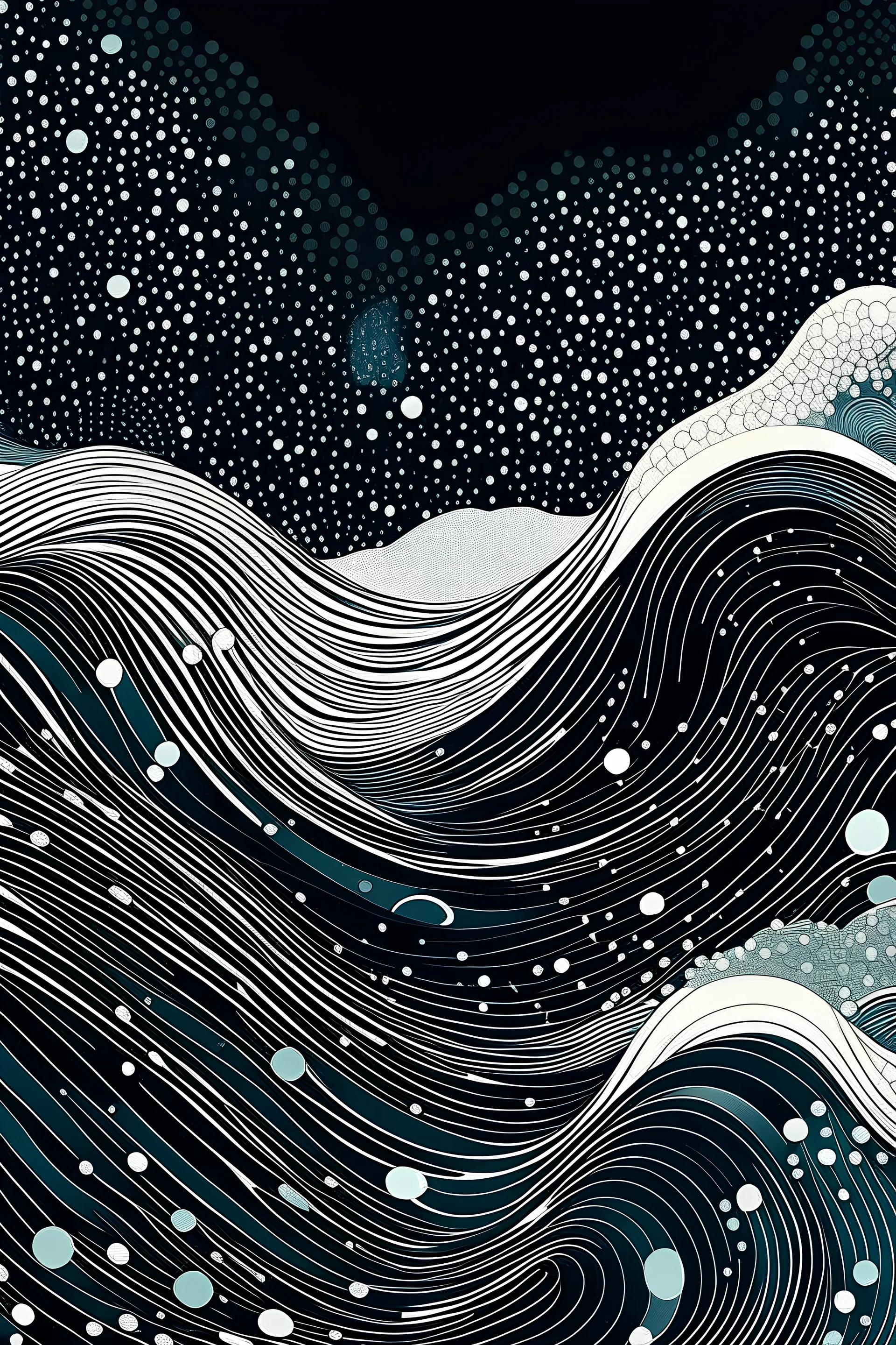 The illustration depicts a seamless wave pattern stretching across the page. Waves of varying sizes and shapes overlap and cascade downwards, creating a dynamic and fluid composition. The waves transition from darker shades of black at the bottom to lighter shades towards the top, mimicking the depth and movement of the ocean. Small details like foam and bubbles can be found within the waves, adding depth and realism to the scene.