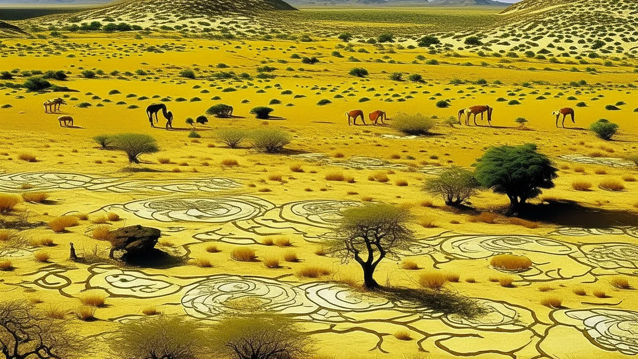 An orangish yellow savanna near a Karoo with animals designed in native American petroglyphs painted by Jean Dubuffet